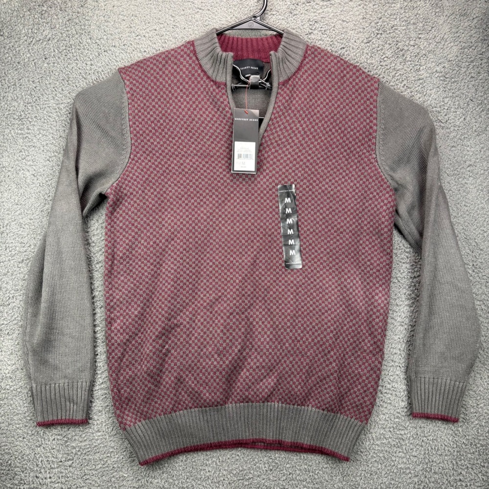 GEOFFREY BEENE Mens Sweater Pullover 1/4 Zip‎ Burgundy Gray Houndstooth Size M